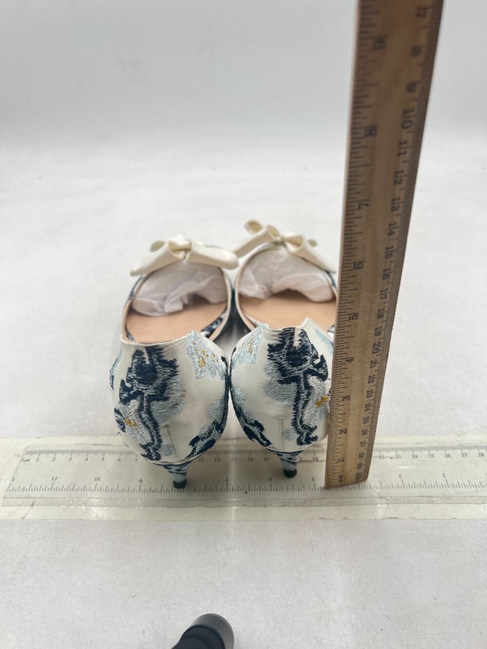 XYD Blue Flower White-bow D'Orsay Kitten Heel Bridal Bowknot Pumps Elegant Shoes - Picture 5 of 8